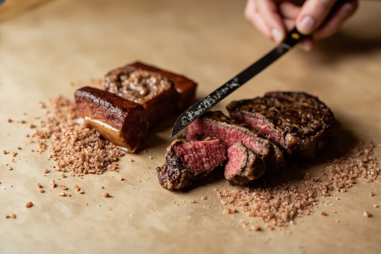 Smoked Salt paired with grilled ribeye steak (American barbecue) — the canonical affinity made visible. A finish of smoked salt on a seared crust doubles the Maillard-meets-smoke effect without oversmoking the meat; flaky crystals add textural contrast.