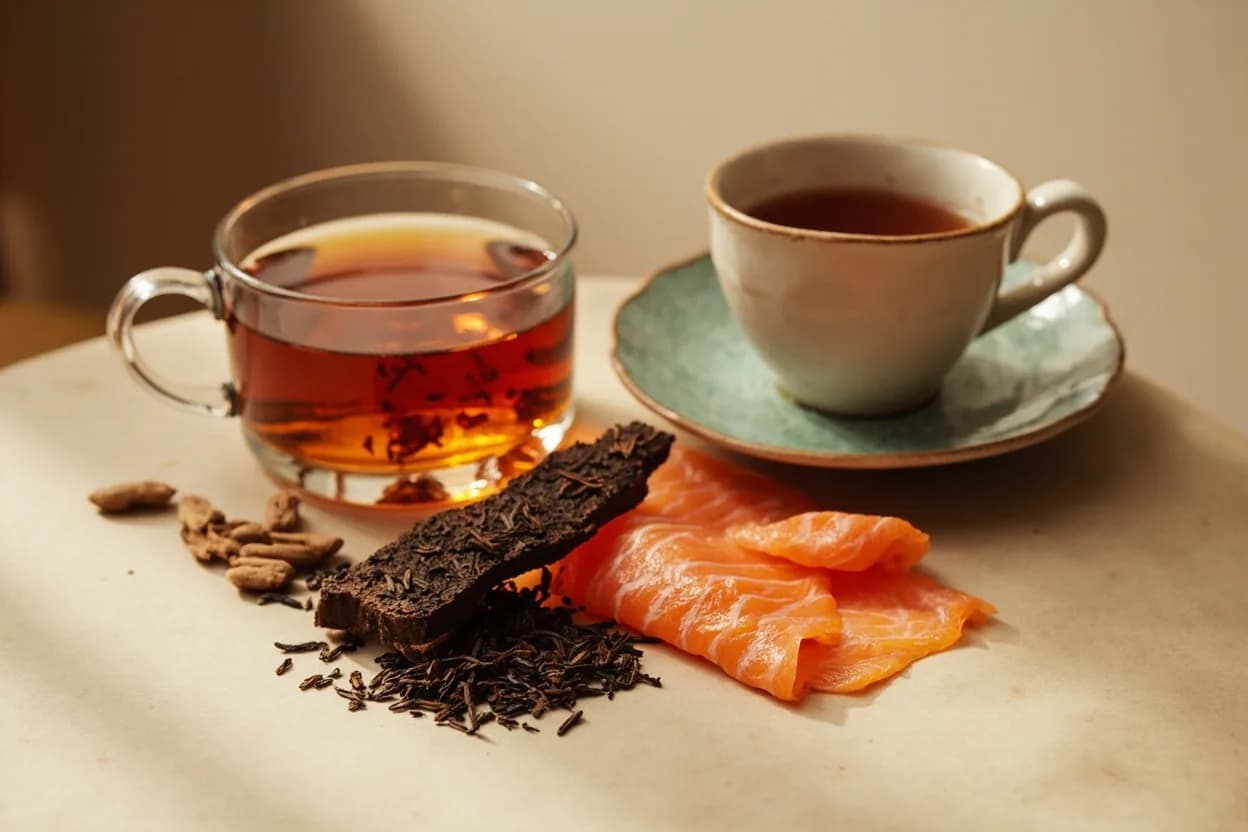 Smoked Tea (Lapsang Souchong) paired with Smoked salmon (British) — the canonical affinity made visible. The tea's pine smoke mirrors and amplifies the salmon's own smoking; this classic British pairing (lapsang souchong with smoked salmon sandwiches at afternoon tea) works because both share the same sensory register, lay…