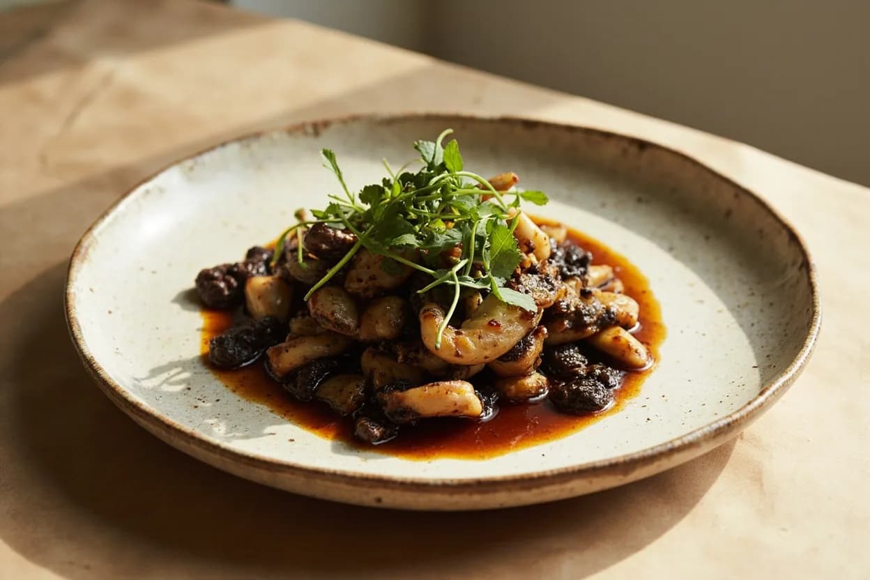 Soy Sauce in its element — Teriyaki. Adventurous crossover: Dark chocolate — A few drops of soy sauce into a chocolate ganache or brownie batter amplifies cacao's own roasted umami notes via glutamate resonance — the result tastes like 'more chocolate,' not 'like soy..