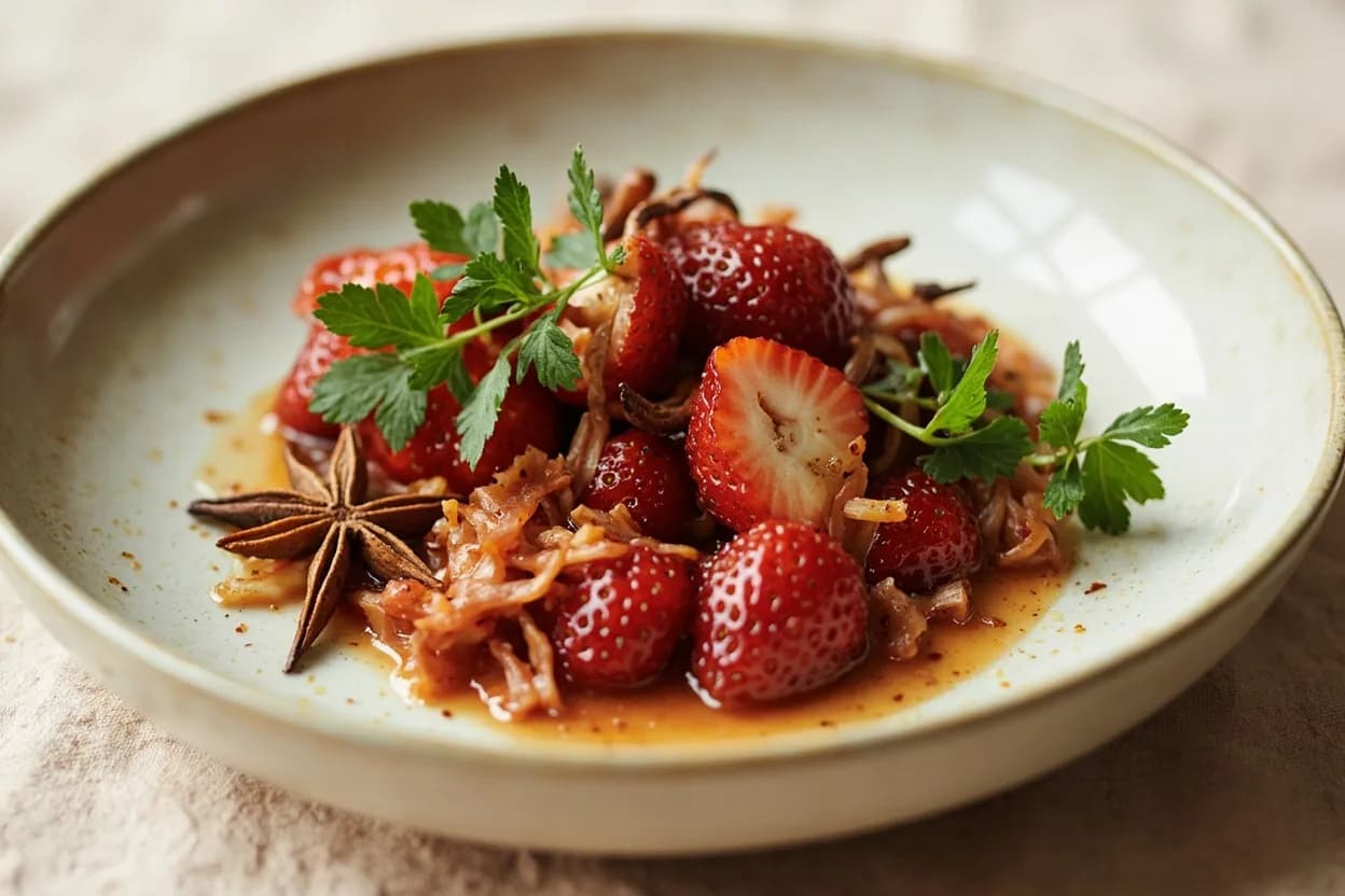 Star Anise in its element — Pho bo (Vietnamese beef noodle soup). Adventurous crossover: Strawberries — A brief maceration with crushed star anise and sugar deepens strawberry's methyl anthranilate 'grape' notes and adds perfume — classic in French pastry..