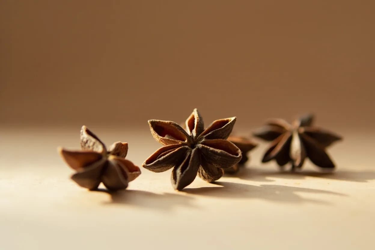 Star Anise in its natural form. Star anise is the dried fruit of Illicium verum, a small evergreen tree native to southwestern China and northeastern Vietnam. Tasting profile: bold, sweet licorice / anise (trans-anethole dominant), warm, slightly spicy undertone, faintly floral, resinous, balsamic depth.