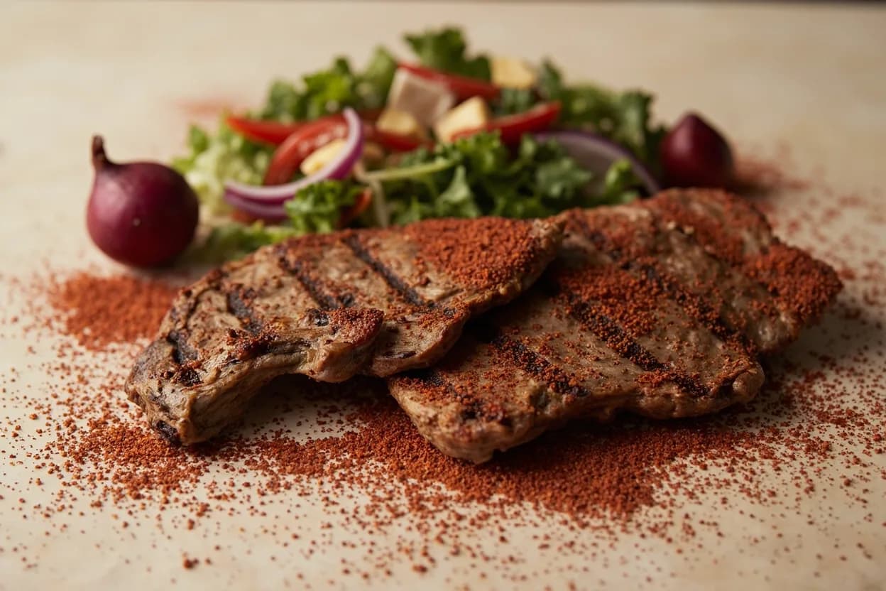 Sumac paired with Lamb (grilled chops, kebabs, kofta) (Levantine / Turkish) — the canonical affinity made visible. The most fundamental Middle Eastern application: sumac's tartness cuts lamb's fatty richness and complements its iron-mineral depth without overshadowing the meat.