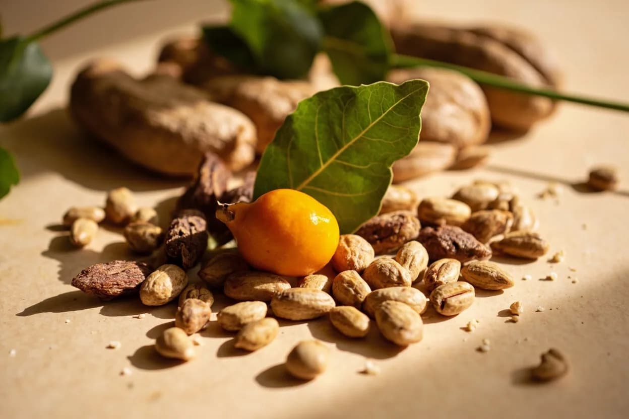 Tamarind paired with Peanuts (Thai) — the canonical affinity made visible. The canonical Thai pairing: pad thai sauce balances tamarind's sourness with fish sauce, palm sugar, and roasted peanuts — the fat and nuttiness round the acid perfectly.