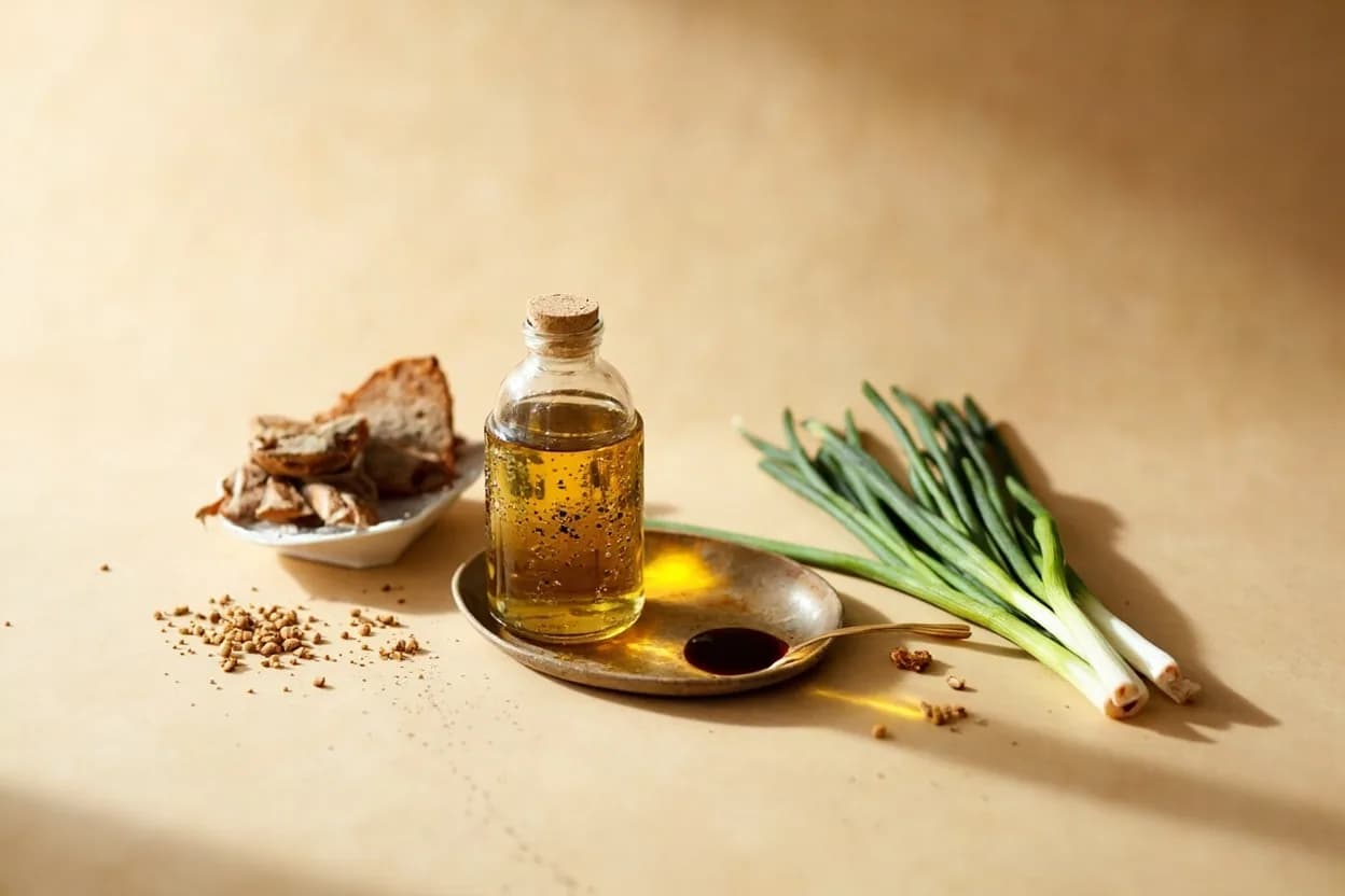 Toasted Sesame Oil paired with Soy sauce (Chinese, Japanese, Korean) — the canonical affinity made visible. The canonical duet of East Asian cuisine — soy's umami salt and sesame's fat-soluble aromatics create a richer, more rounded seasoning than either alone.