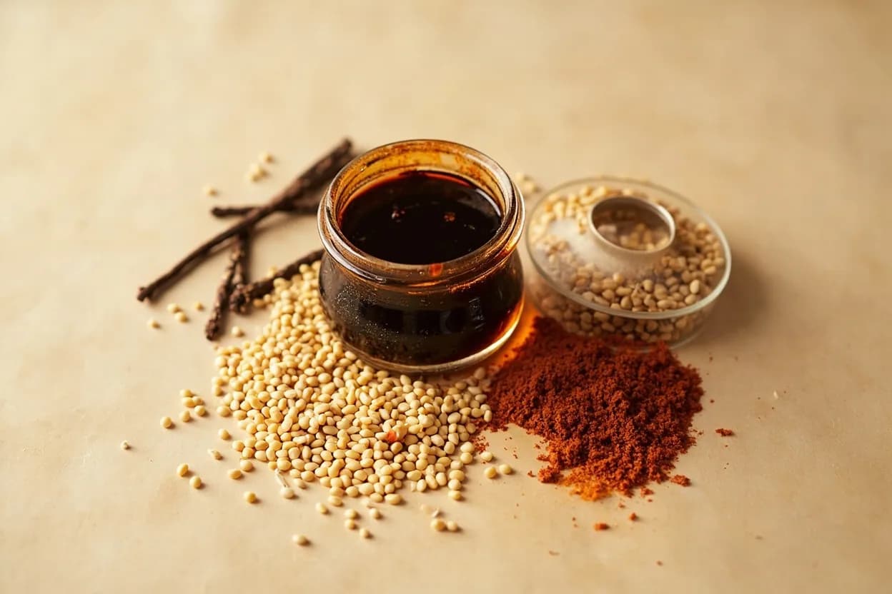Toasted Sesame Paste paired with Soy sauce (Chinese (Sichuan, Beijing)) — the canonical affinity made visible. Loosens the paste and adds umami salt — the first step in virtually every Chinese sesame sauce; the emulsification creates a cohesive, glossy coating.