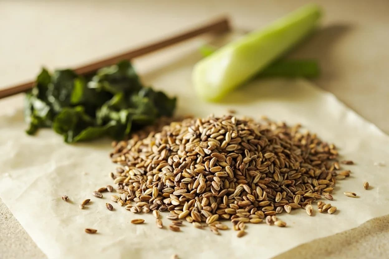 Toasted Sesame Seeds paired with Soy sauce (Korean / Japanese) — the canonical affinity made visible. The umami depth of soy sauce and the roasted nuttiness of sesame are inseparable in Korean and Japanese cuisine — ganjang and goma are a foundational pair.