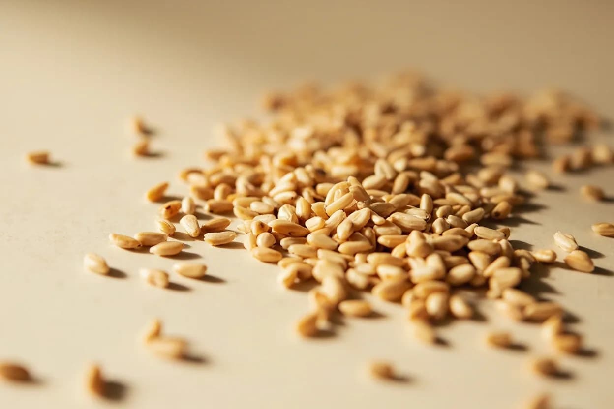 Toasted Sesame Seeds in its natural form. Raw sesame seeds (Sesamum indicum) are mild and slightly oily; toasting transforms them fundamentally, driving the Maillard reaction in the seed's natural oils and producing pyrazines and furans that… Tasting profile: roasted-nut warmth (pyrazines), toasted butter, subtle sweetness from natural oils, mild earthiness.