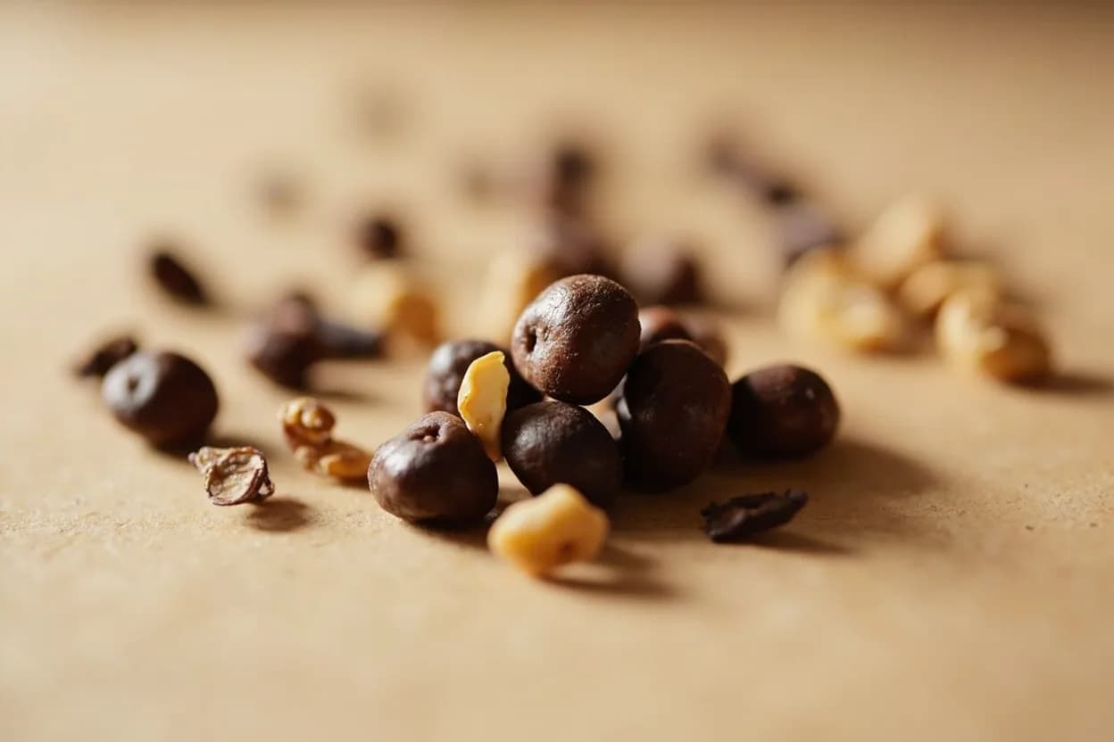 Tonka Bean in its natural form. The wrinkled black seed of Dipteryx odorata, a South American tropical legume tree native to Venezuela and Brazil. Tasting profile: coumarin (sweet hay, new-mown grass), vanilla-adjacent sweetness, bitter almond (benzaldehyde), tobacco leaf.