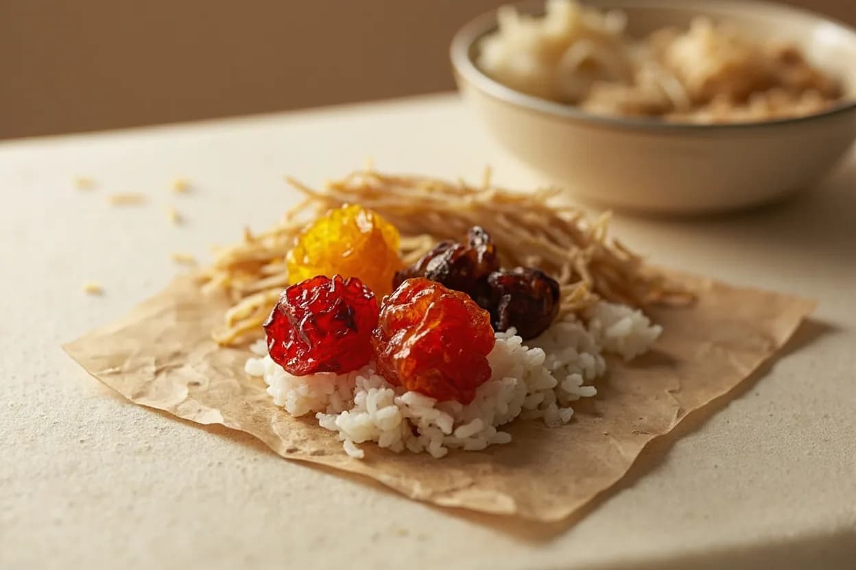 Ume (Umeboshi) paired with Steamed white rice (gohan) (Japanese) — the canonical affinity made visible. The cornerstone pairing — a single umeboshi in the centre of a bowl of plain rice (hinomaru bento) provides the only seasoning needed.