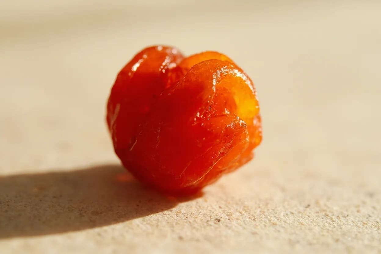 Ume (Umeboshi) in its natural form. Umeboshi are whole ume fruit (Prunus mume — more apricot than plum botanically) pickled in heavy salt (18–20% traditionally) and then sun-dried, often with akashiso (red perilla) leaves that contribu… Tasting profile: extreme citric-malic sourness, intense sea-salt salinity, akashiso herbal note (anise, perilla), subtle plum-apricot fruitiness behind the acid wall.