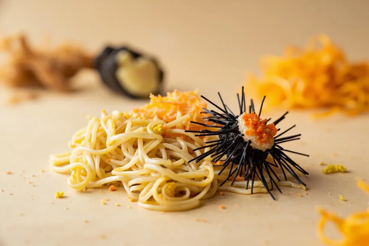 Uni (Sea Urchin) paired with Sushi rice (sumeshi) (Japanese) — the canonical affinity made visible. The canonical vehicle — slightly sweet vinegar rice counterbalances brine and provides neutral starch to frame the roe.