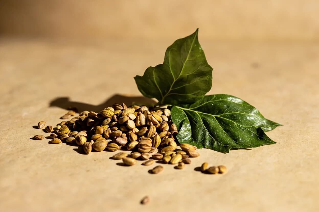 Uziza Leaf paired with Egusi (ground melon seeds) (Nigerian / Igbo) — the canonical affinity made visible. The creamy, nutty fat of egusi absorbs and mellows uziza's bite; the leaf is essential to authentic egusi soup.