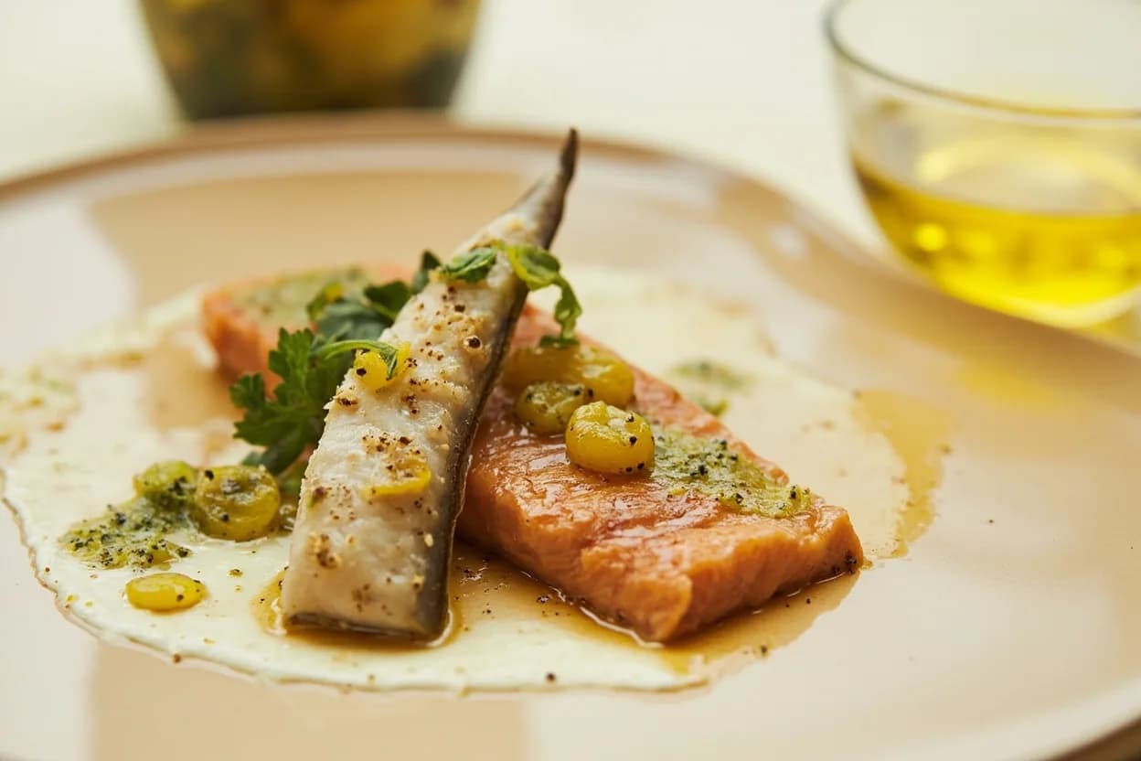 Verjuice paired with Poached fish (trout, sole, salmon) (French / Australian) — the canonical affinity made visible. Verjuice is the classic poaching liquid or sauce base for delicate fish — its mildness doesn't overwhelm the flesh and reduces to a silky sauce without sharpening