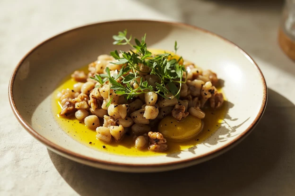 Walnut Oil in its element — Salade Lyonnaise. Adventurous crossover: White truffle — Both carry musty, earthy, forest-floor aromatic compounds (including dimethyl sulphide in truffle and oxidised aldehydes in walnut); together they amplify each other's luxury earthiness..