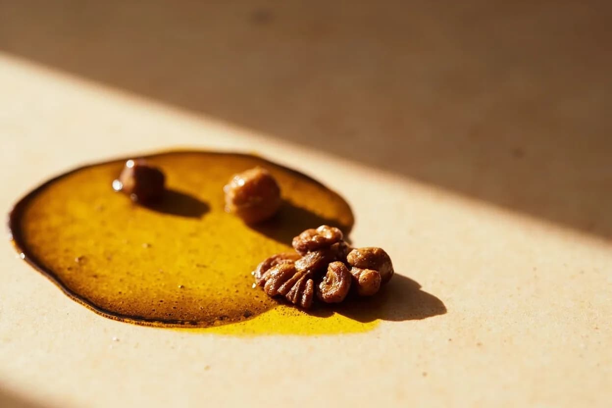 Walnut Oil in its natural form. Walnut oil is cold-pressed or expeller-pressed from dried English walnuts (Juglans regia), yielding a golden-amber oil rich in polyunsaturated fatty acids (particularly alpha-linolenic acid, an omega… Tasting profile: toasted walnut nuttiness, earthy, wood-like depth, mild tannic bitterness, faint astringency on finish.