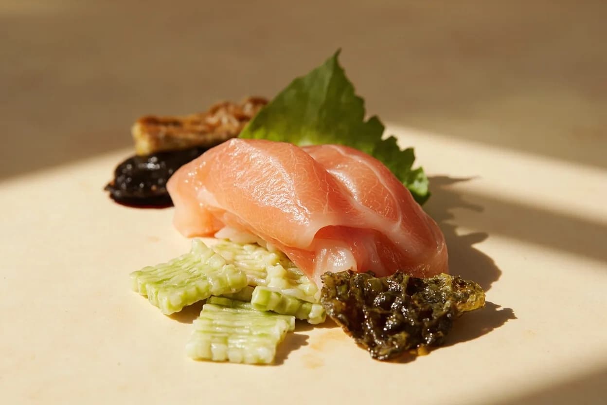Wasabi paired with Raw fish (sashimi) (Japanese) — the canonical affinity made visible. Wasabi's nasal heat cuts through the lipid richness of fatty fish (tuna, salmon, yellowtail) without masking the fish's flavor.