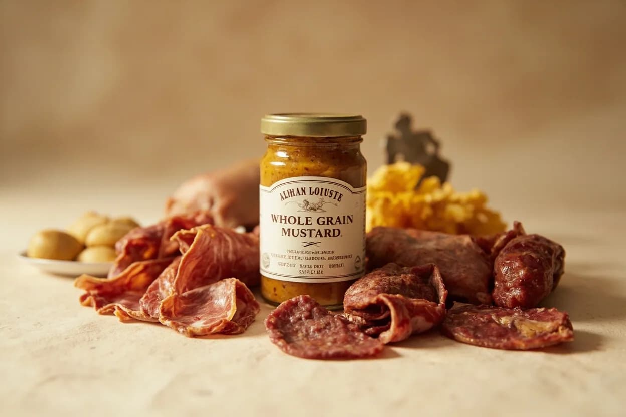 Whole-Grain Mustard paired with charcuterie and cured meats (French) — the canonical affinity made visible. Smeared alongside pâté de campagne, saucisson, or jambon; the pop of seeds and mild heat cut through fat without overwhelming.