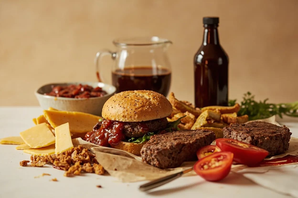 Worcestershire Sauce paired with Beef (burgers, steaks, braises) (British, American) — the canonical affinity made visible. The anchovy glutamate amplifies beef's own glutamates; the vinegar cuts fat; the molasses adds the faintest browning suggestion.