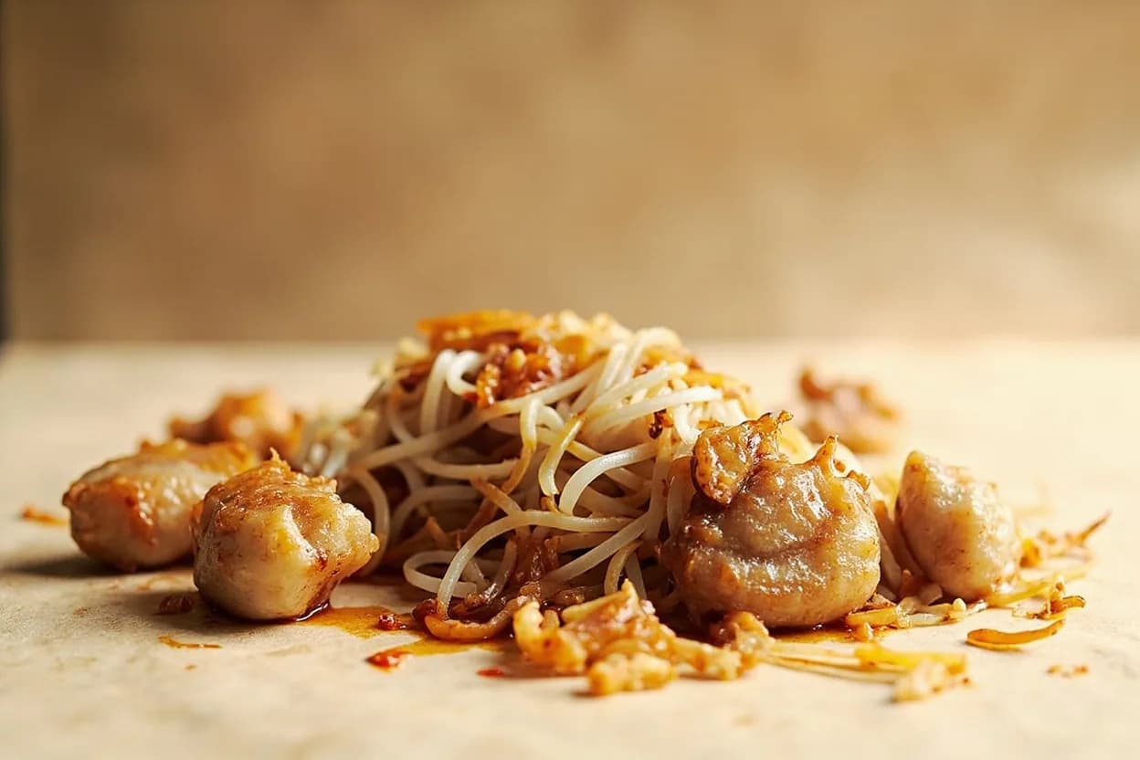 XO Sauce paired with Rice noodles (ho fun) (Cantonese) — the canonical affinity made visible. Wide flat rice noodles stir-fried with XO sauce — the noodles' neutral starchy surface absorbs the flavored oil completely; a simple preparation where XO sauce is the entire flavor story.