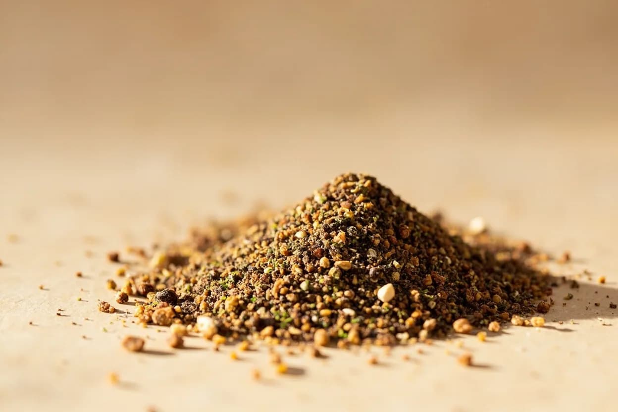 Za'atar in its natural form. Za'atar is both a wild herb (Origanum syriacum, a form of oregano/marjoram native to the Eastern Mediterranean) and the blend made from it. Tasting profile: herbal-oregano-thyme character from za'atar herb, bright citric tartness from sumac, toasted nuttiness from sesame, earthy, slightly dusty herb depth.