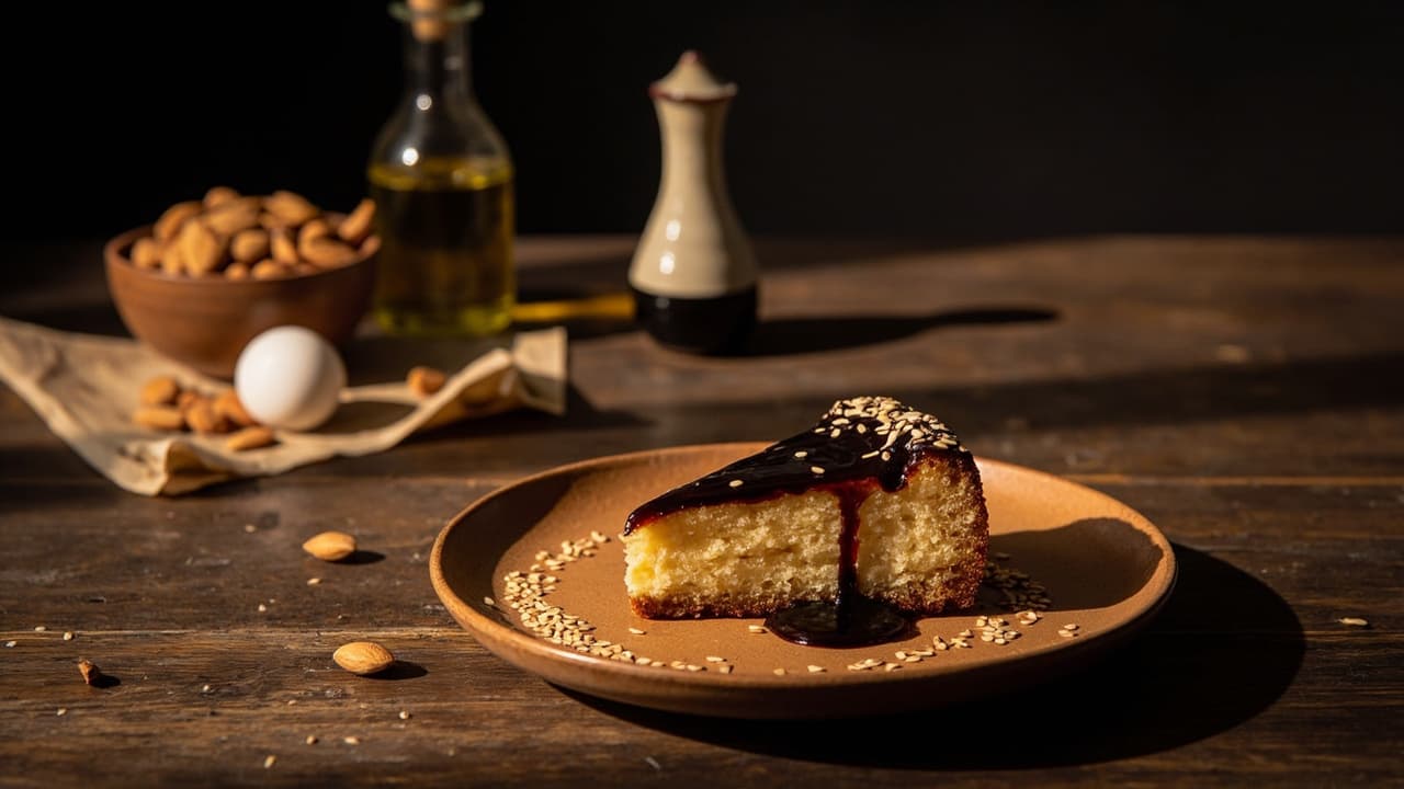 Almond Flour Olive Oil Cake with Soy-Maple Glaze and Sesame Seeds