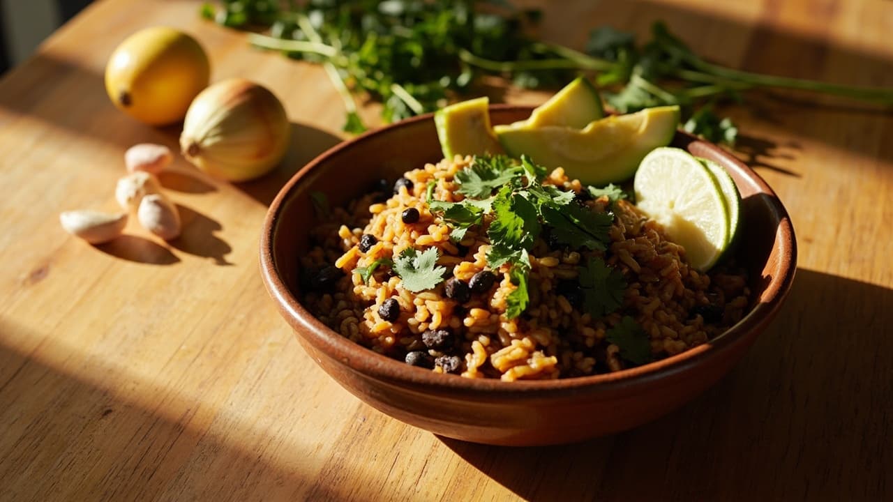 Arroz con Frijoles Negros y Hogao