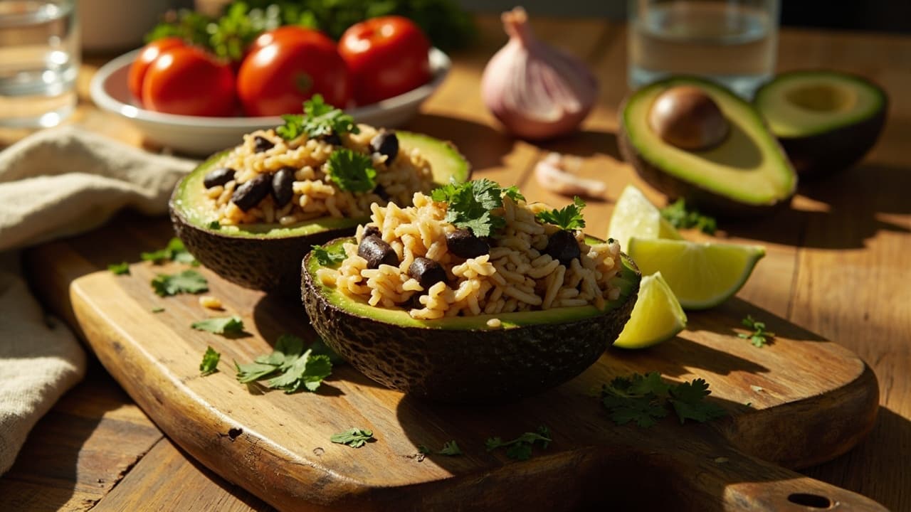 Arroz y Frijoles Paisa en Hojuela de Aguacate