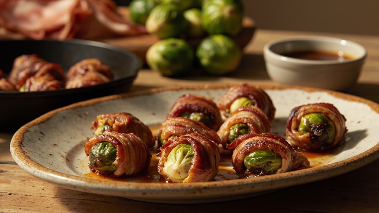 Bacon-Wrapped Brussels Sprout Bites with Maple-Cayenne Glaze