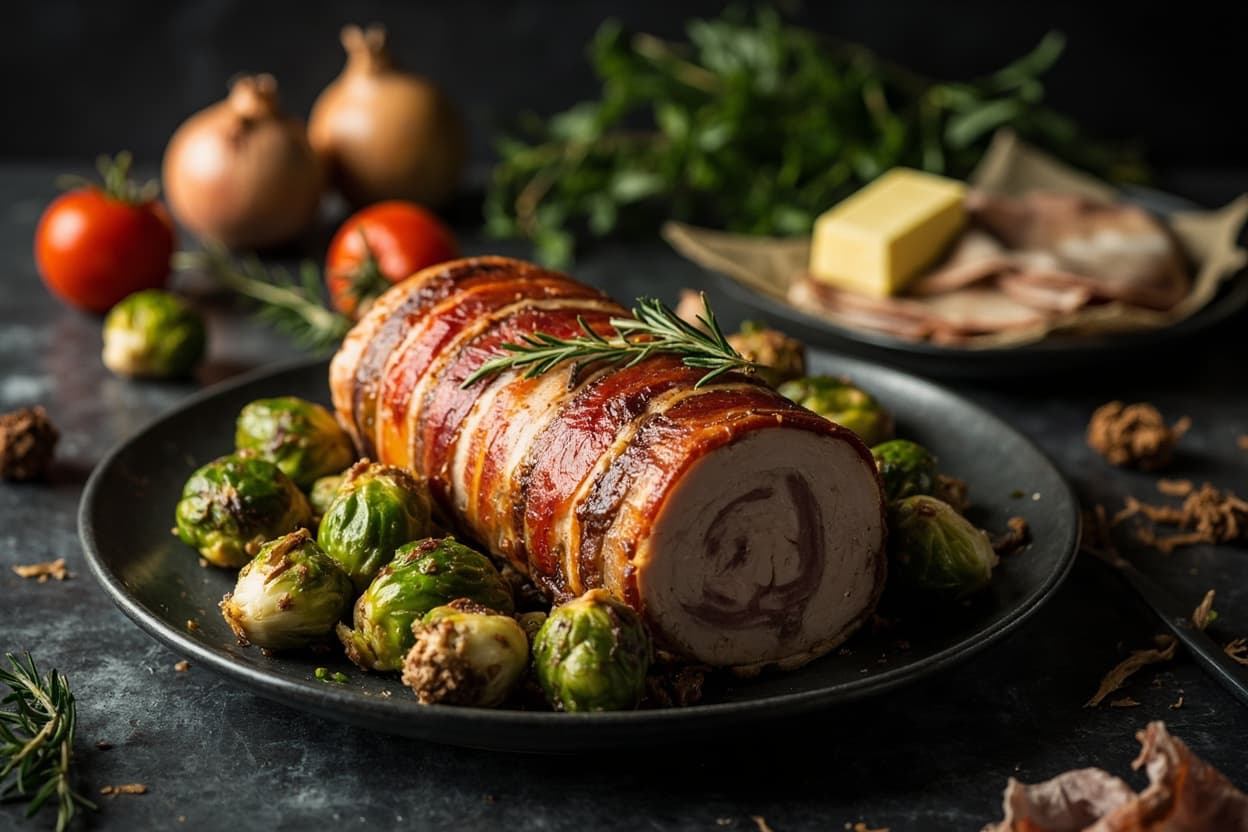 Bacon-Wrapped Pork Loin with Brussels Sprouts