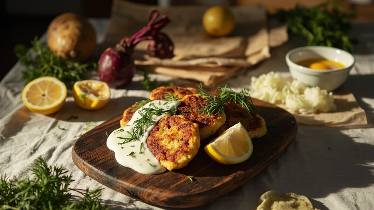 Baked Beet and Potato Cutlets with Yogurt Dill Dip