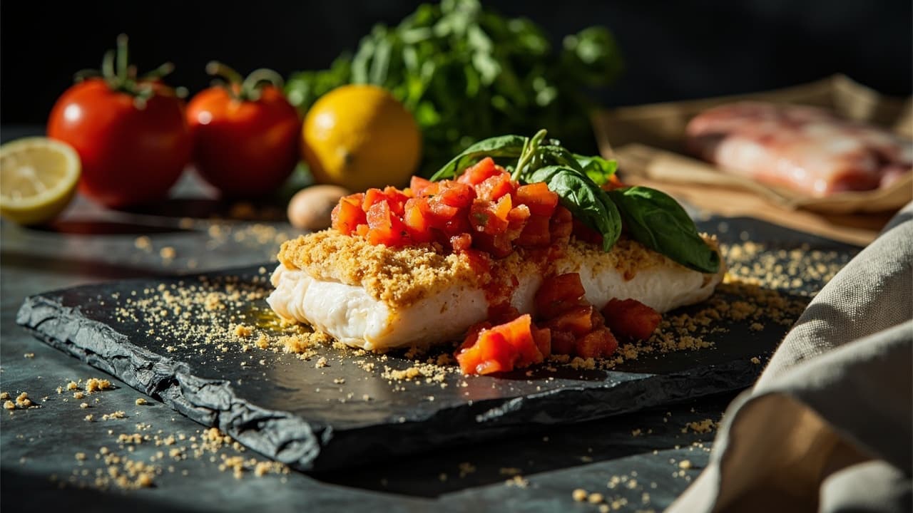 Baked Cod with Tomato, Basil and Breadcrumb Crust