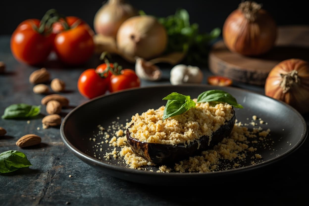Baked Eggplant with Mozzarella and Almond Crumb