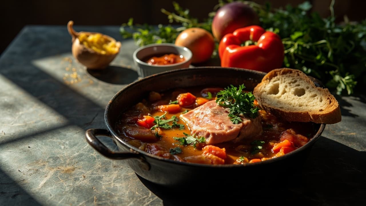 Basque Tuna Belly Braised with Onions, Tomatoes and Sweet Peppers