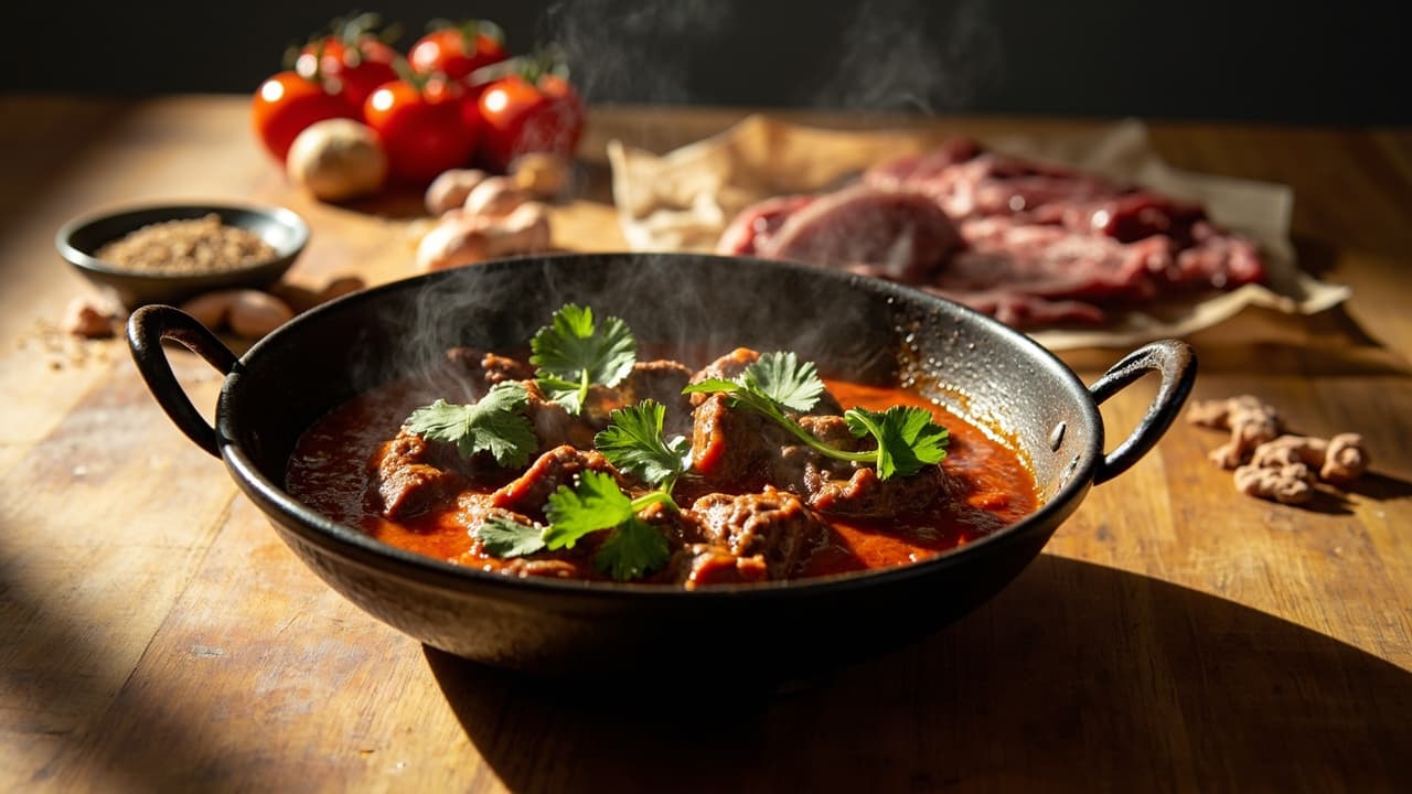 Beef Steak Karahi with Tomatoes, Ginger and Green Chili