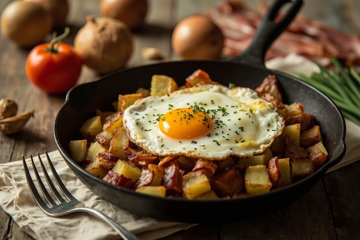 Biksemad Potato Hash with Bacon and Fried Egg