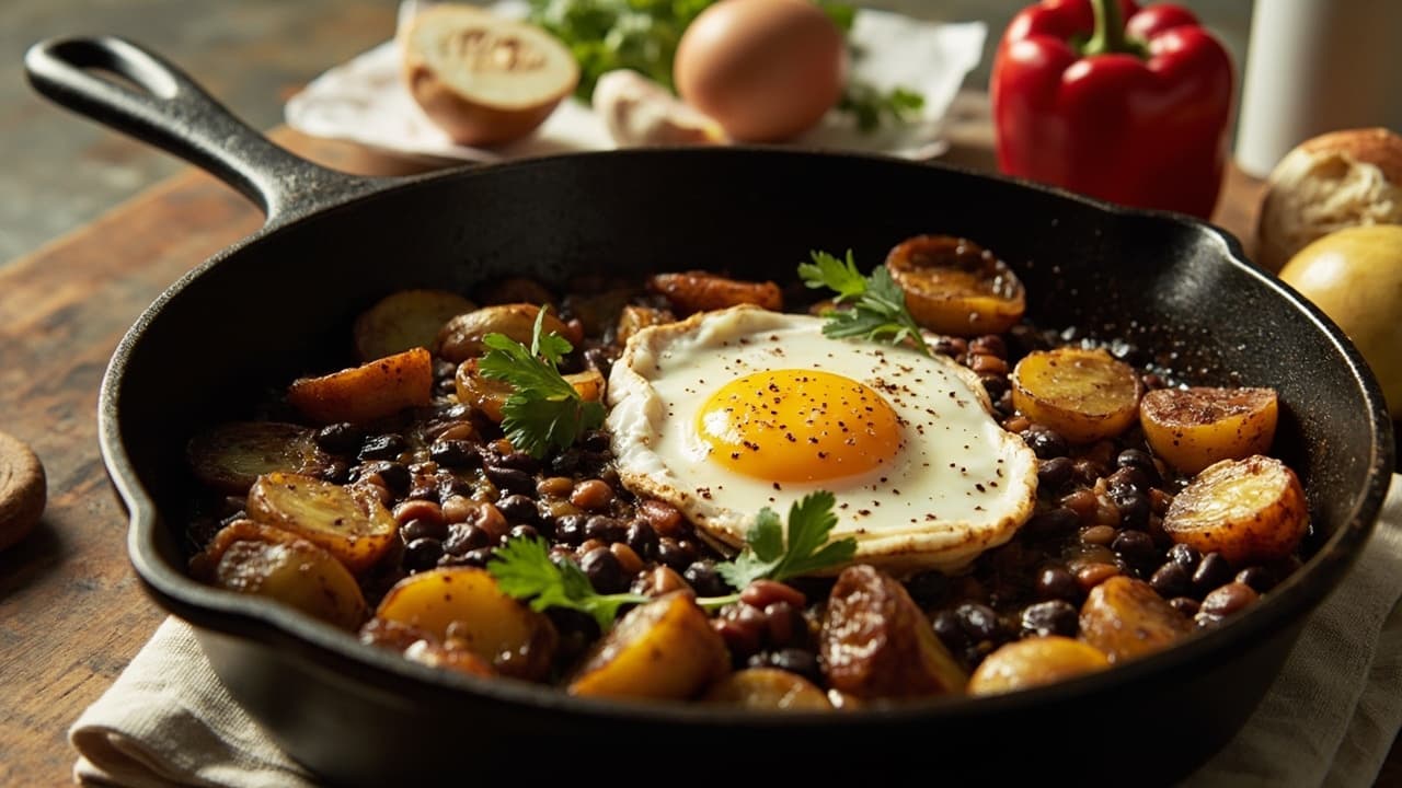 Black Bean and Potato Skillet with Cumin and Egg
