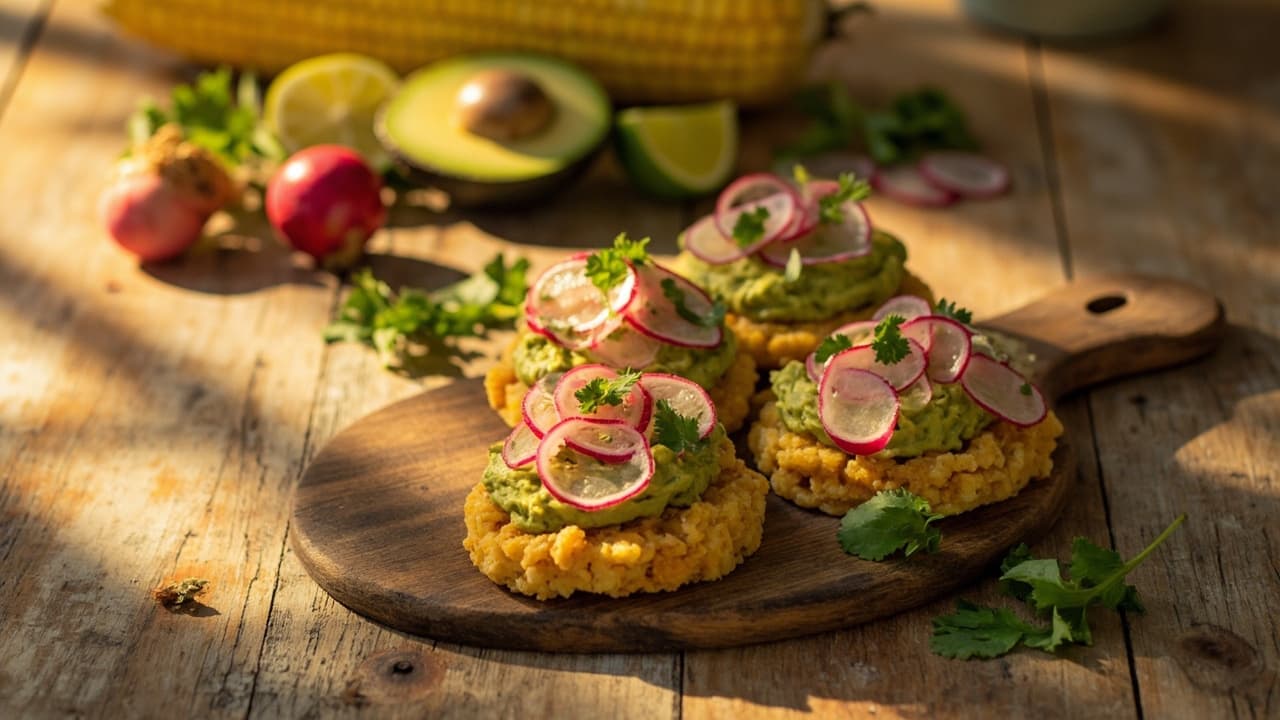 Bocadillo de Aguacate y Radish — Avocado Mash on Crispy Corn Rounds