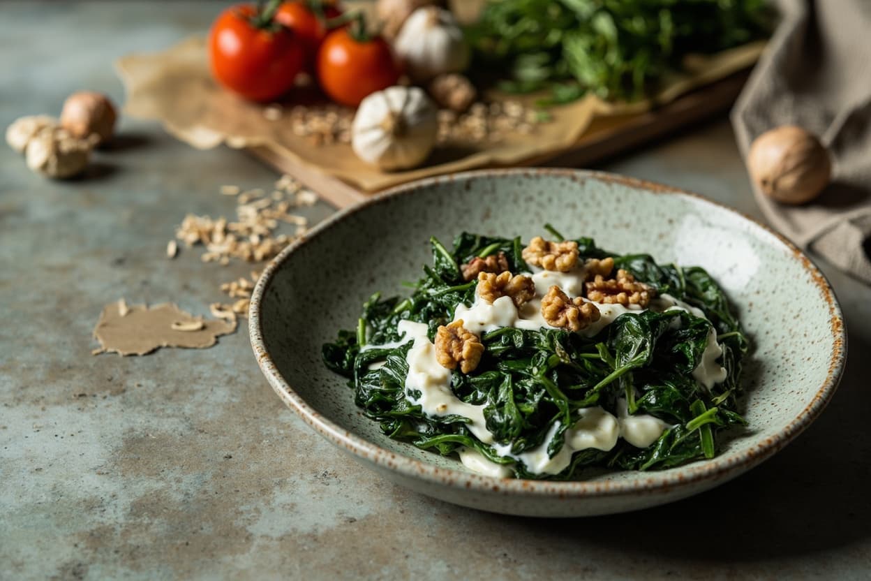 Borani Esfenaj: Spinach in Garlic Yogurt, Walnuts