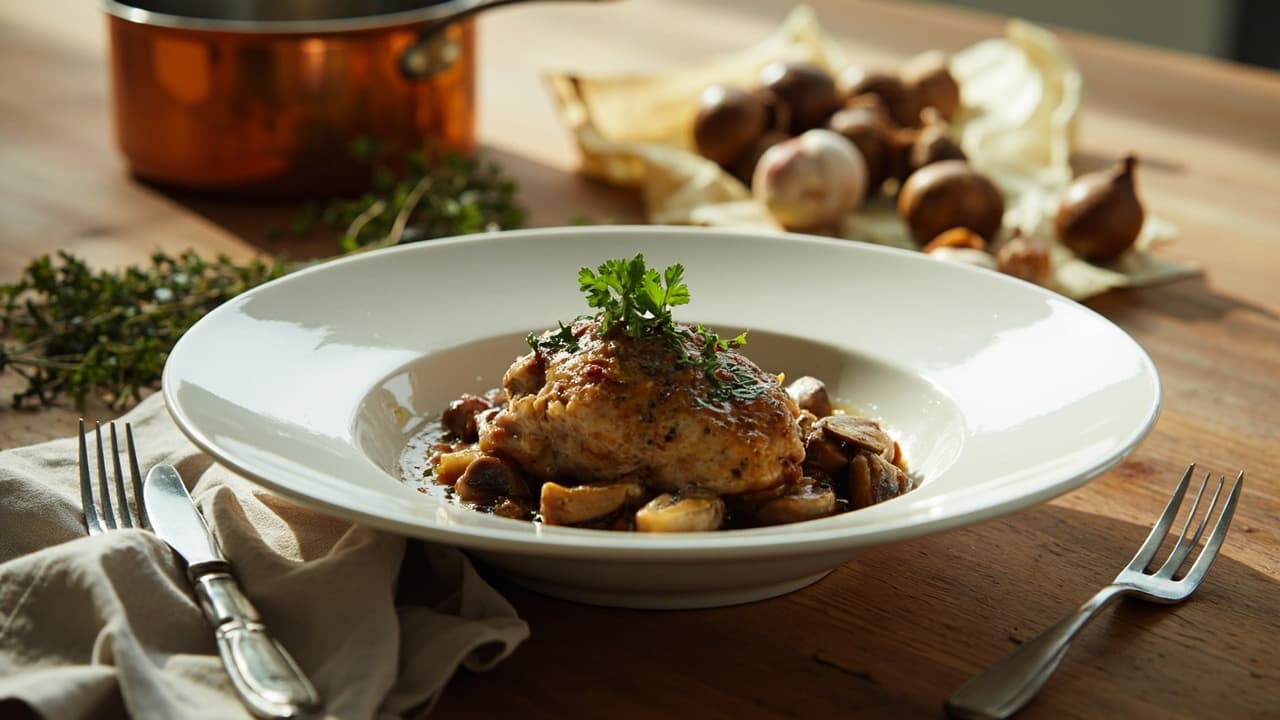 Braised Chicken Thighs with Wine-Reduced Mushroom Sauce