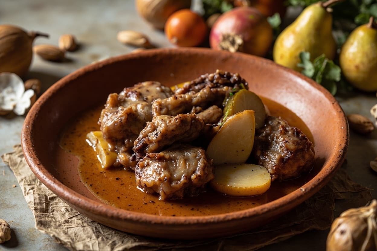 Braised Duck with Pears and Almond Picada