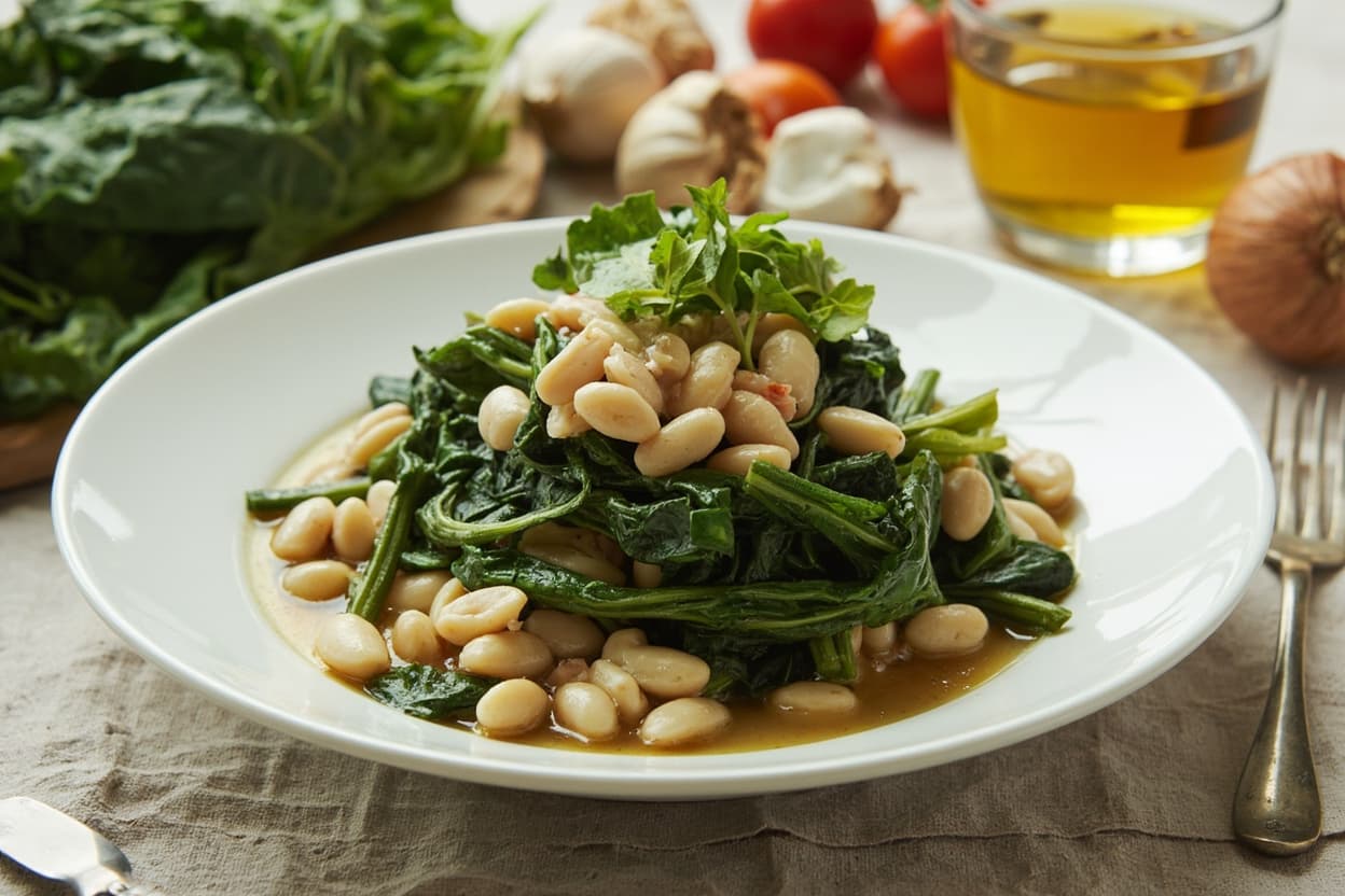 Brothy white beans with tender chard