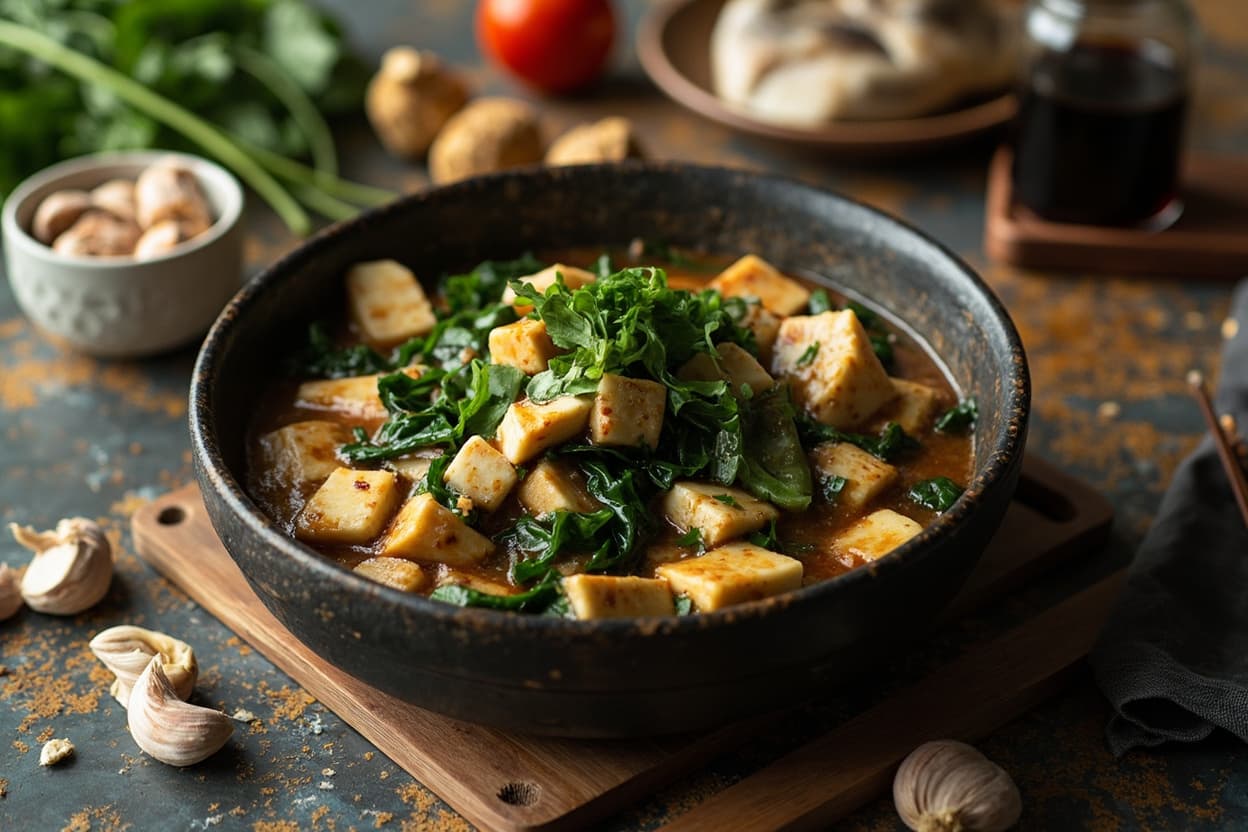 Bubbling Soy-Garlic Tofu and Spinach Stew