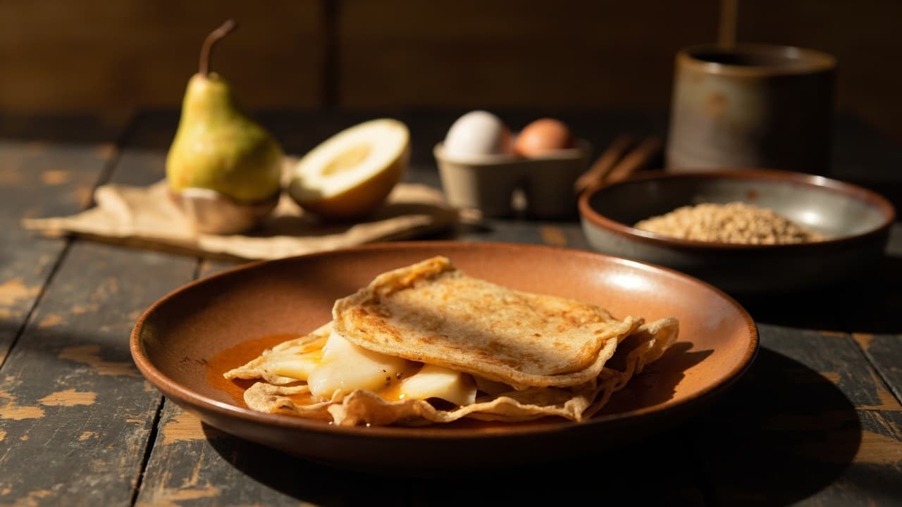 Buckwheat Crepes with Caramelized Pears and Soy-Maple Syrup