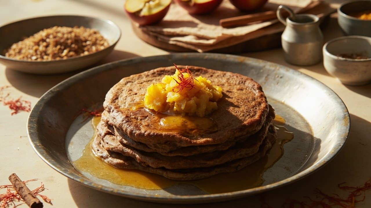 Buckwheat Pancakes with Saffron-Spiced Apple Compote