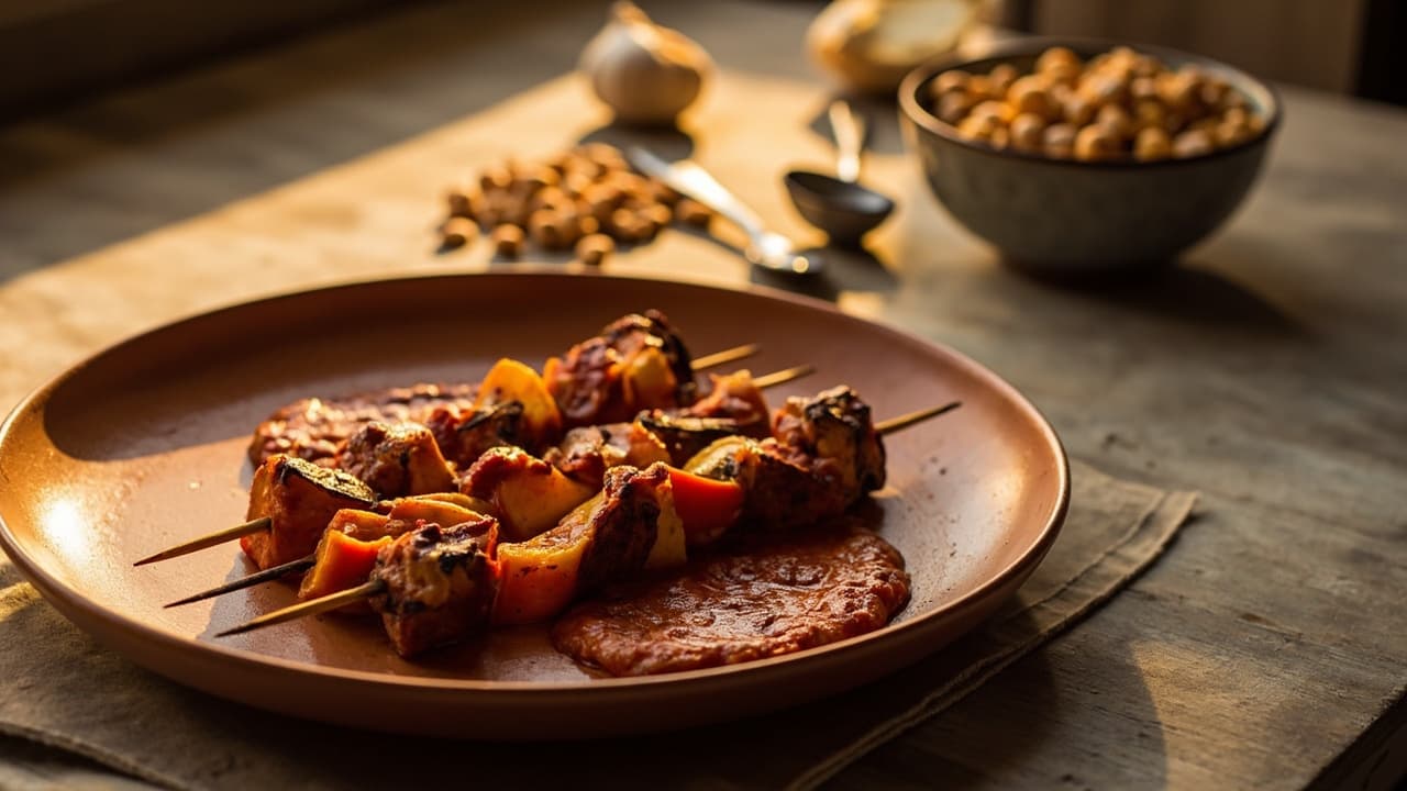 Butternut Squash and Pinto Bean Skewers with Smoked Paprika Romesco