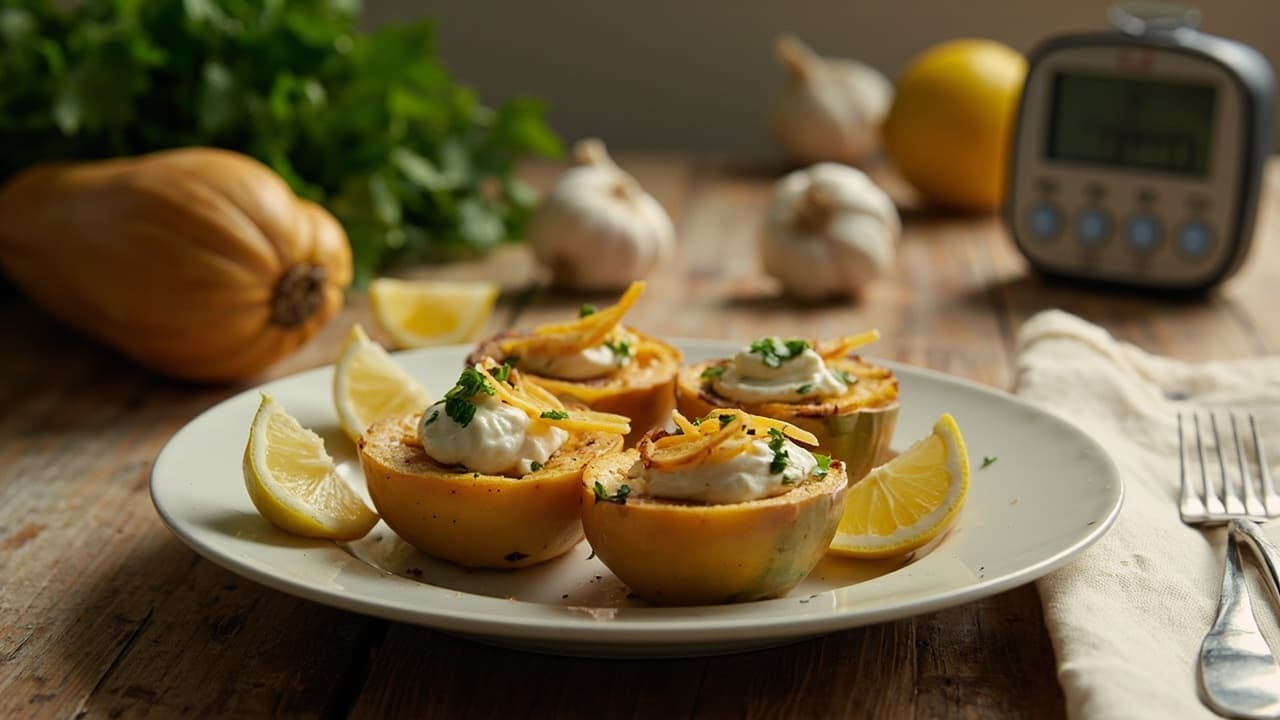 Butternut Squash Cups with Garlicky Yogurt and Cheddar Crisp