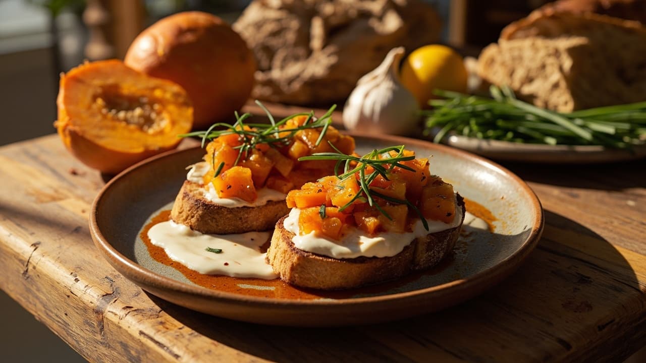 Butternut Squash & Smoked Paprika Bruschetta with Creamy Yogurt & Chives
