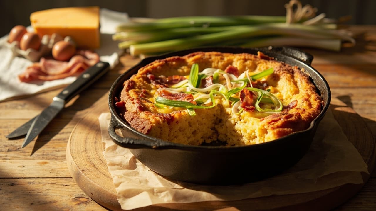 Cast Iron Cornbread Pudding with Bacon and Green Onions