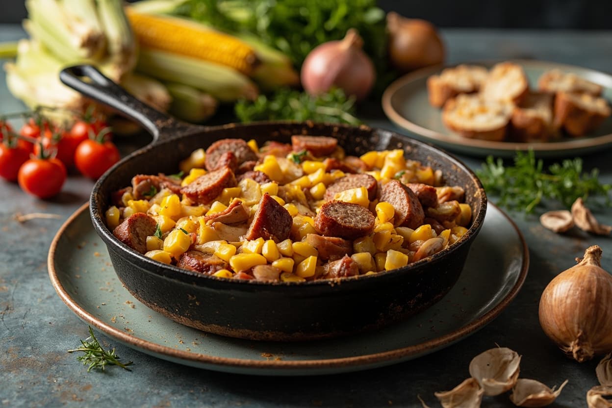 Cast Iron Sausage and Sweet Corn Skillet Dressing