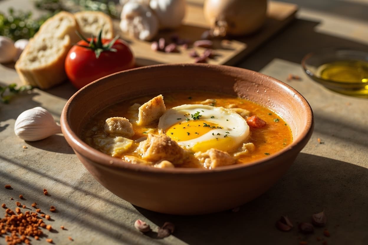 Catalan Garlic Soup with Poached Egg